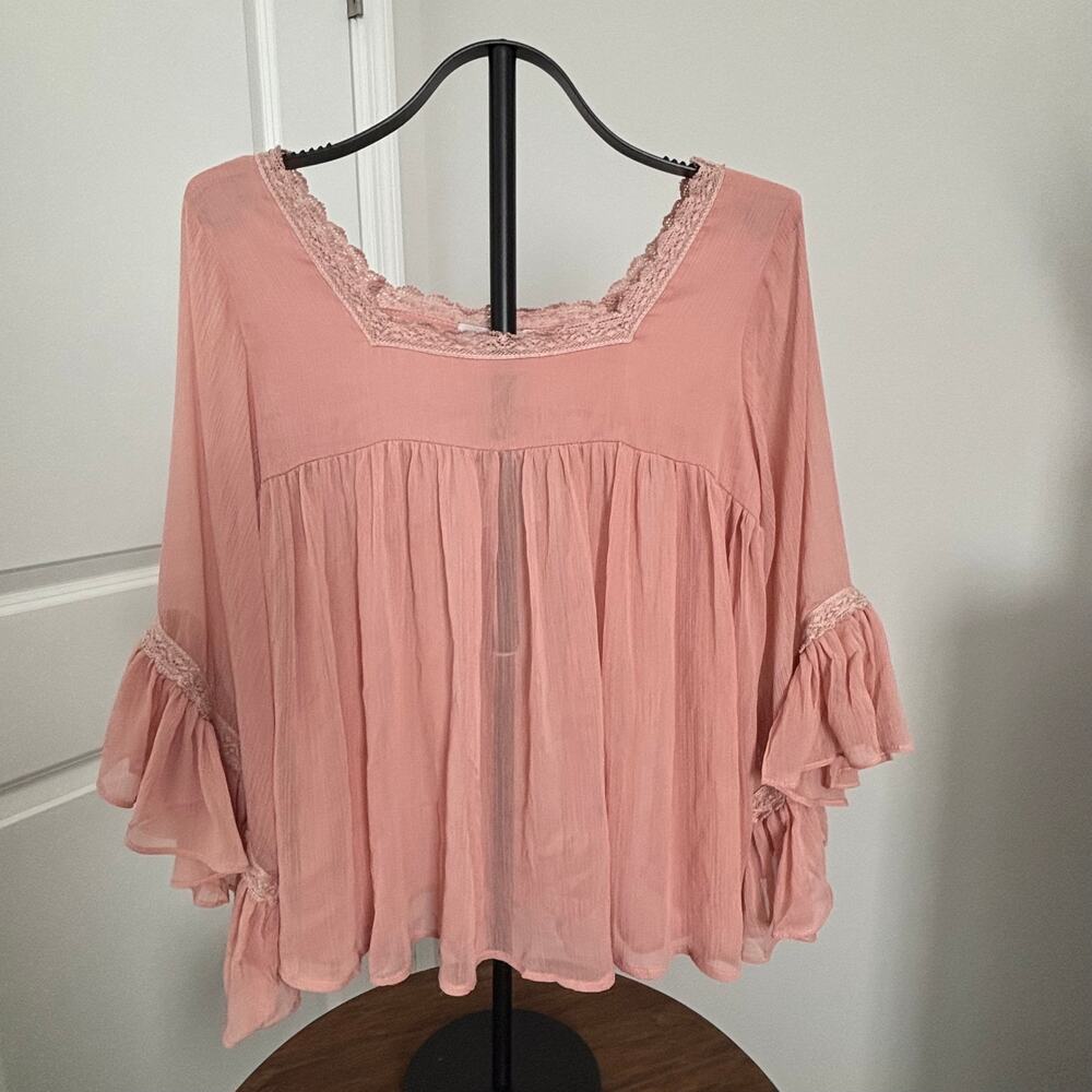 Blush Pink Sheer Boho Peasant Blouse Ruffle Bell Sleeves L